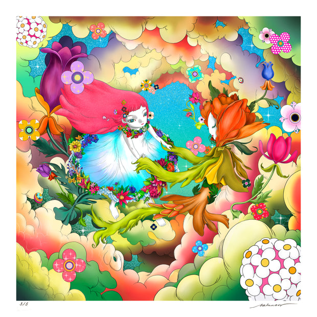 Illustration with many bright colors of a pair dancing, holding hands. They are surrounded by bright colored clouds and flowers.