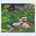 Gouache painting of a garden scene with green foliage, purple flowers, orange poppies, and gray rocks, presented on a light gray background.