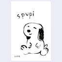 Black and white illustration of a dog with 'SPUPI' text on a light purple background