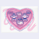 Pink and blue risograph print of a heart shaped box of chocolates, with a girl and a boy as pieces of chocolate along with 2 cats.