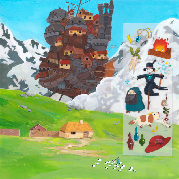 Fantasy scene with a large ship-like structure (Howl's Moving Castle) traversing through snowy mountains with bright green hills in the foreground. A collection of iconography from the movie is in the foreground like a collage. 