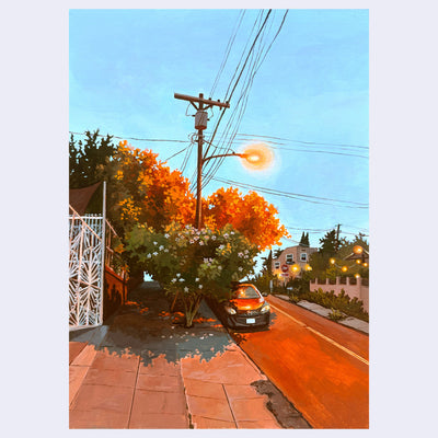 Street scene with a car parked on the street, trees lit orange under a streetlight, and power lines.