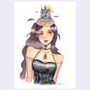 Illustration of a woman with long purple hair, wearing gothic themed black clothing and accessories with a castle on her head against a white background.