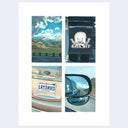 4 thumbnail paintings on a piece of white paper of various car related scenes. In order clockwise: 1) a cloudy sky over grassy plains, 2) a mudflap of Yosemite Sam with text that reads "back off", 3) a side mirror view from a truck of a mountain background 4) a license plate that says "LRYDAVD"