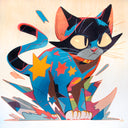 Colorful abstract cat illustration with geometric shapes on a beige background