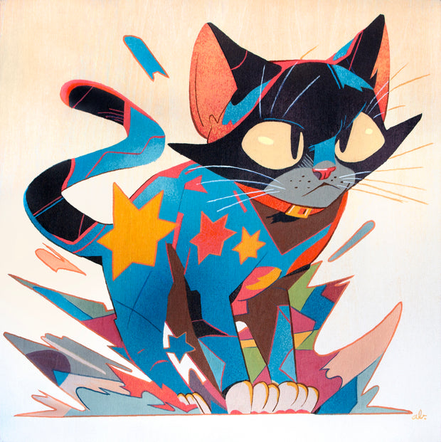 Colorful abstract cat illustration with geometric shapes on a beige background