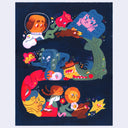 Colorful illustration of various characters on a dark blue background, they create a curving parade.