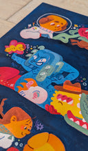 Colorful illustration of various characters on a dark blue background, they create a curving parade.