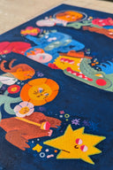 Colorful illustration of various characters on a dark blue background, they create a curving parade.