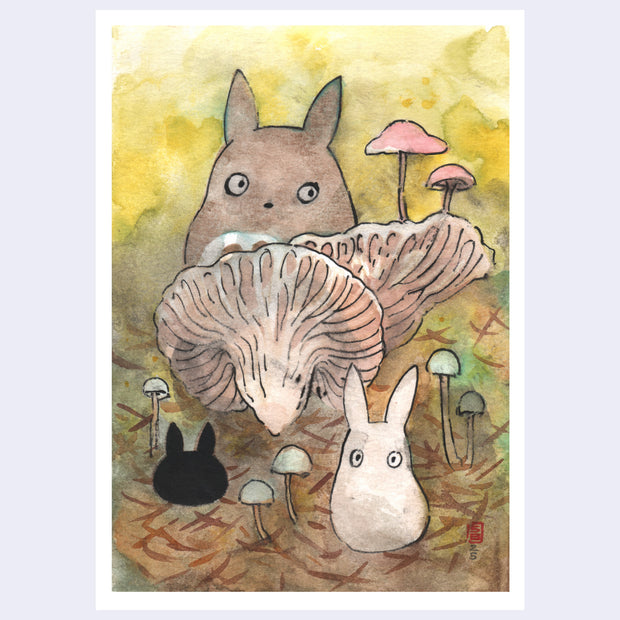 Illustration of small Totoro characters from My Neighbor Totoro in an autumn forest setting with mushrooms all around.