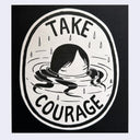 Black and white illustration with a silhouette of a person in water and 'Take Courage' text on a black background.