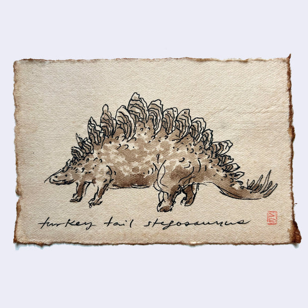 Illustration of a turkey tail stegosaurus on textured paper with 'turkey tail stegosaurus' text.