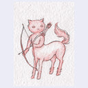 A whimsical watercolor-style illustration of a pink centaur cat holding a bow and arrow, set against a textured off-white background.