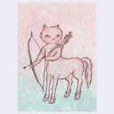A whimsical watercolor-style illustration of a cat-shaped centaur holding a bow and arrows, centered on a pale pink and mint background.