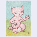 A watercolor-style illustration of a pink cat sitting and playing a lute-like stringed instrument, set against a soft blue-green and yellow background. 