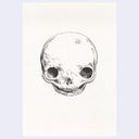 A black and white ink sketch of a human skull centered on a textured off-white paper background, presented against a light gray outer backdrop.