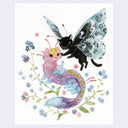 Illustration of a black cat with butterfly wings and a pink cat with the body of a caterpillar creature with antennae on a floral background.
