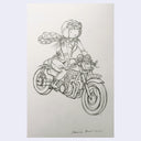 Graphite sketch of a woman driving a motorcycle.