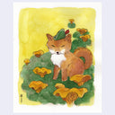 Watercolor-style art print showing a small orange shiba inu wearing a green hat among yellow mushrooms on a green hill, with a pale lavender background around the artwork.