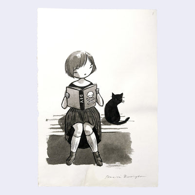 Ink illustration of a girl reading a book that says "DIY" with a skull, while she sits on a bench next to a cat.