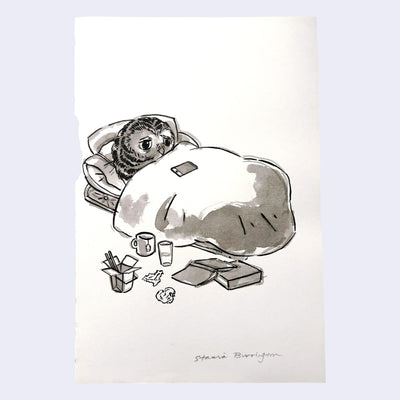 Ink illustration of an owl laying in a bed with books, and takeout food next to it.
