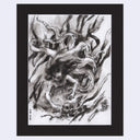 Artistic depiction of a woman entangled with an octopus on a textured background and in a black mat.