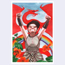 Watercolor illustration of a person wearing chariot armor and raising their arms in celebration, with flowers around them, a rainbow behind them and a red dragon.