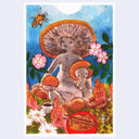 Watercolor illustration of a mushroom mother, a nude woman with a large mushroom cap atop her head. She kneels on the floor and has 2 small mushroom babies near her. They sit amongst florals and greenery and a cup of coffee and bowl of noodles.