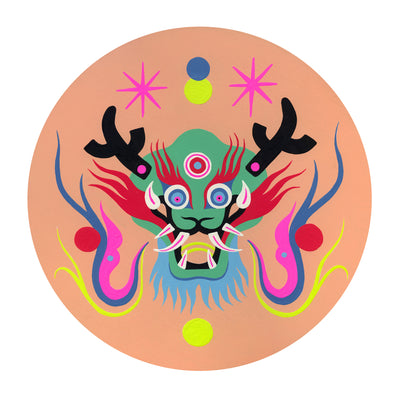 Colorful painting on circular canvas of a green dragon, in a classic Asian folklore style with sharp curved teeth, branches for antlers and long whiskers.