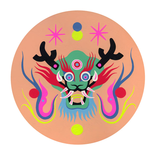 Colorful painting on circular canvas of a green dragon, in a classic Asian folklore style with sharp curved teeth, branches for antlers and long whiskers.