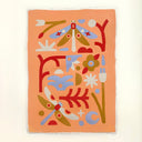 Paining on salmon background of bugs and flowers painted in a geometric, flat style.