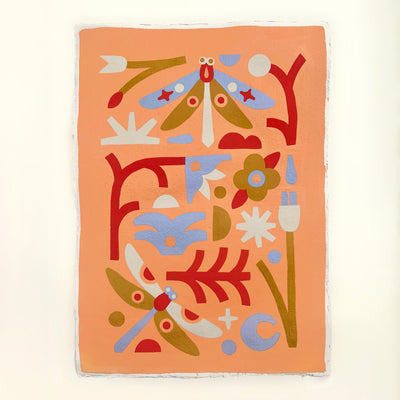Paining on salmon background of bugs and flowers painted in a geometric, flat style.