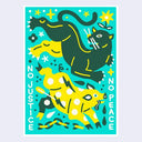 Colorful teal blue print of a tiger and a bull jumping over one another with text that reads "no justice / no peace"
