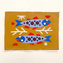 Painting on brown background of 2 fish, painted in a flat, folk art type style with white branches around them.
