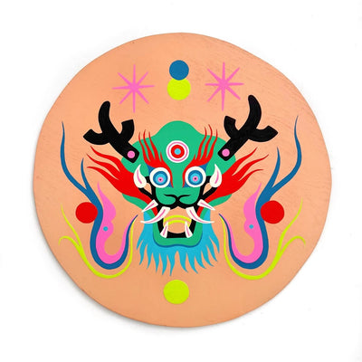 Colorful painting on circular canvas of a green dragon, in a classic Asian folklore style with sharp curved teeth, branches for antlers and long whiskers.