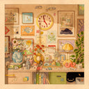 Illustration of a room interior on warm beige toned paper. A busy desk space is depicted, full of trinkets, books, plants, and home decor. Over the desk hang many posters, artworks, sticky notes, a clock and a mobile.