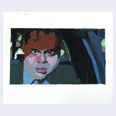 Painting based on a film still from Strange Days of a man driving in a car.