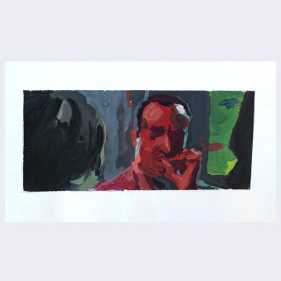 Painting based on a film still from Strange Days of a man cast in red lighting, smoking a cigarette. 