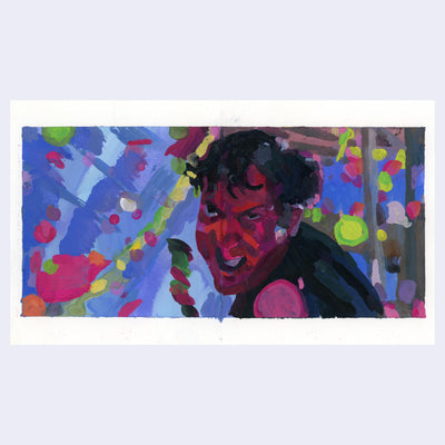 Painting based on a film still from Strange Days of a man with a determined expression, lit by many colorful lights in an otherwise night scene.