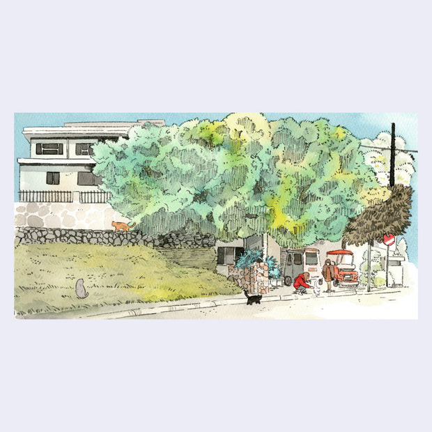 Ink and watercolor illustration of a large tree in front of a house, mostly obscured. 2 people stand in front, petting a cat. Nearby are 3 other cats, presumably strays.