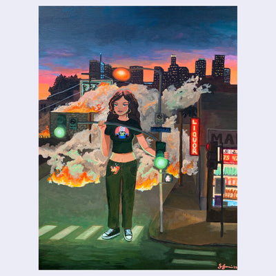 Painting of a large girl, standing in the middle of a street. She holds on to a street lamp as smoke billows behind her, with the LA skyline at sunset in the background.