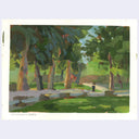 An impressionist-style painting of Omelveny Park, featuring green trees, grass, and a path with a small figure holding an umbrella, shown on a white paper border against a light gray background.