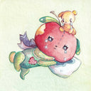 Illustration of a plush doll cartoon character, half apple and half plush dog, crying with a smaller plush dog atop its head.