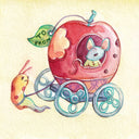 Illustration of a small mouse riding in a carriage made out of an apple, being pulled by a small slug.