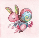 Illustration of a pink creature with rabbit ears and a colorful snail shell on a light pink background