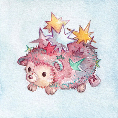 Illustration of a hedgehog with star-shaped spines on a light blue background