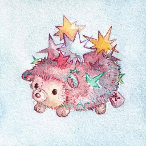 Illustration of a hedgehog with star-shaped spines on a light blue background