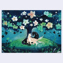 Illustration of a white and a black storybook style horse, laying under a tree with their bodies resting up against one another. The tree has many flowers and is on a mound of green grass.