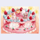 Illustration of a birthday cake with cute animal characters and decorations on a light yellow background.