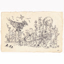 Vintage-style illustration with a human headed bird and nature elements on a textured beige background